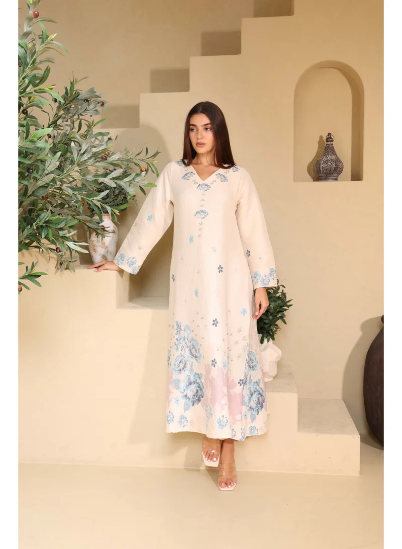 IKKXA Classic Floral Linen Fabric Jalabiya IK6034 Blue